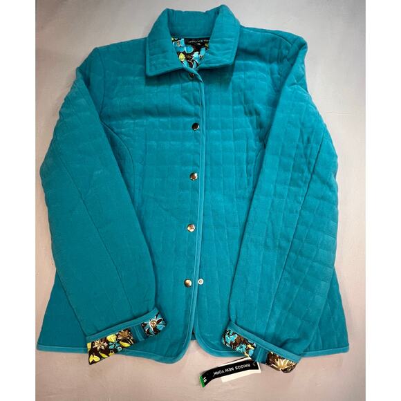 Briggs New York Quilted Jacket Teal Floral Lined Snap Front NWT Size 12 - Picture 1 of 8